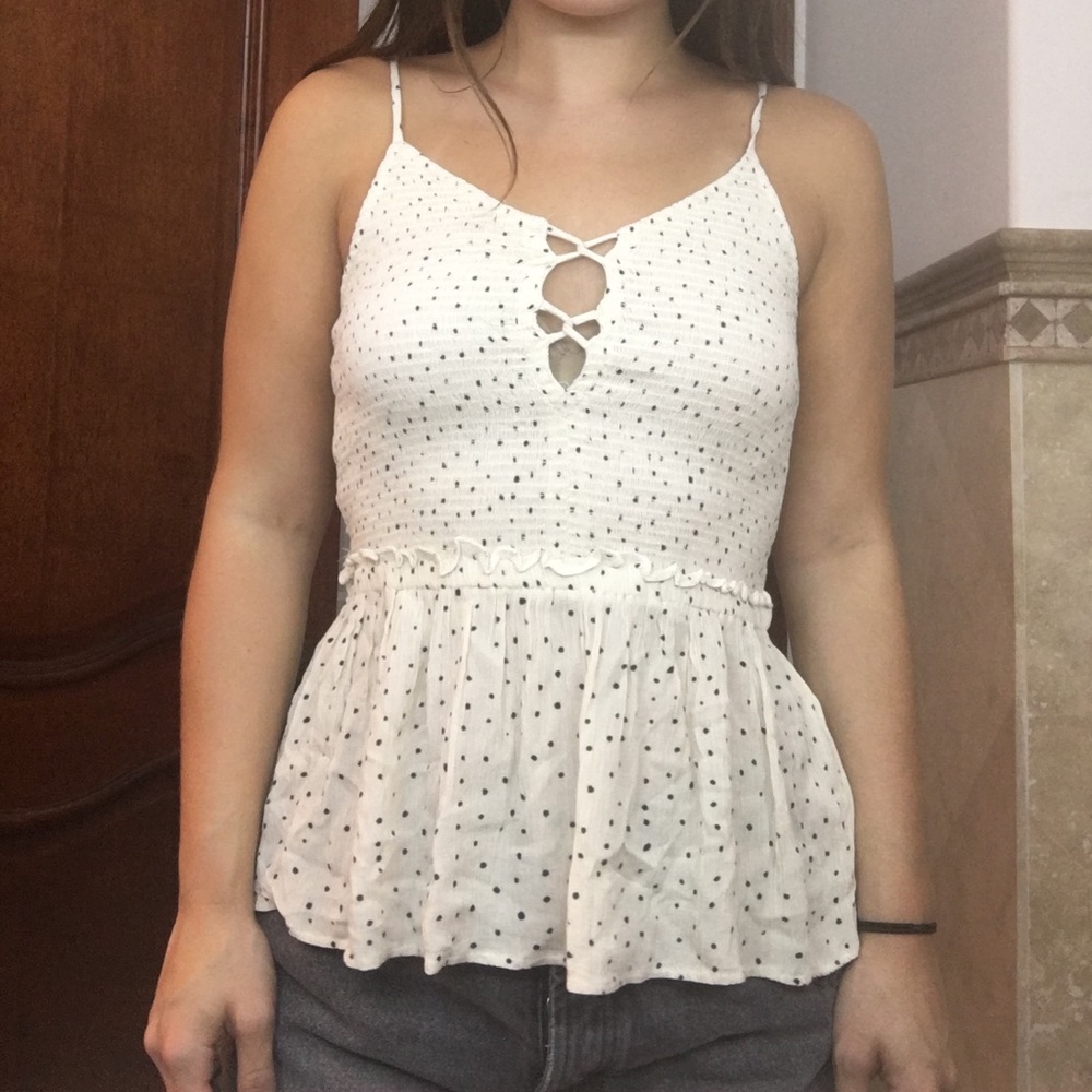 white cami with blue polka dots